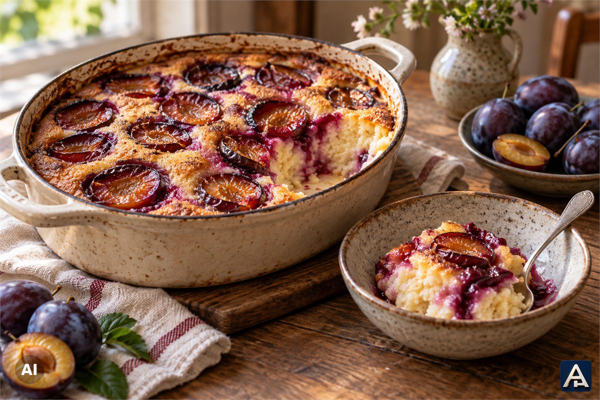 Vanilla Semolina Casserole with Plums