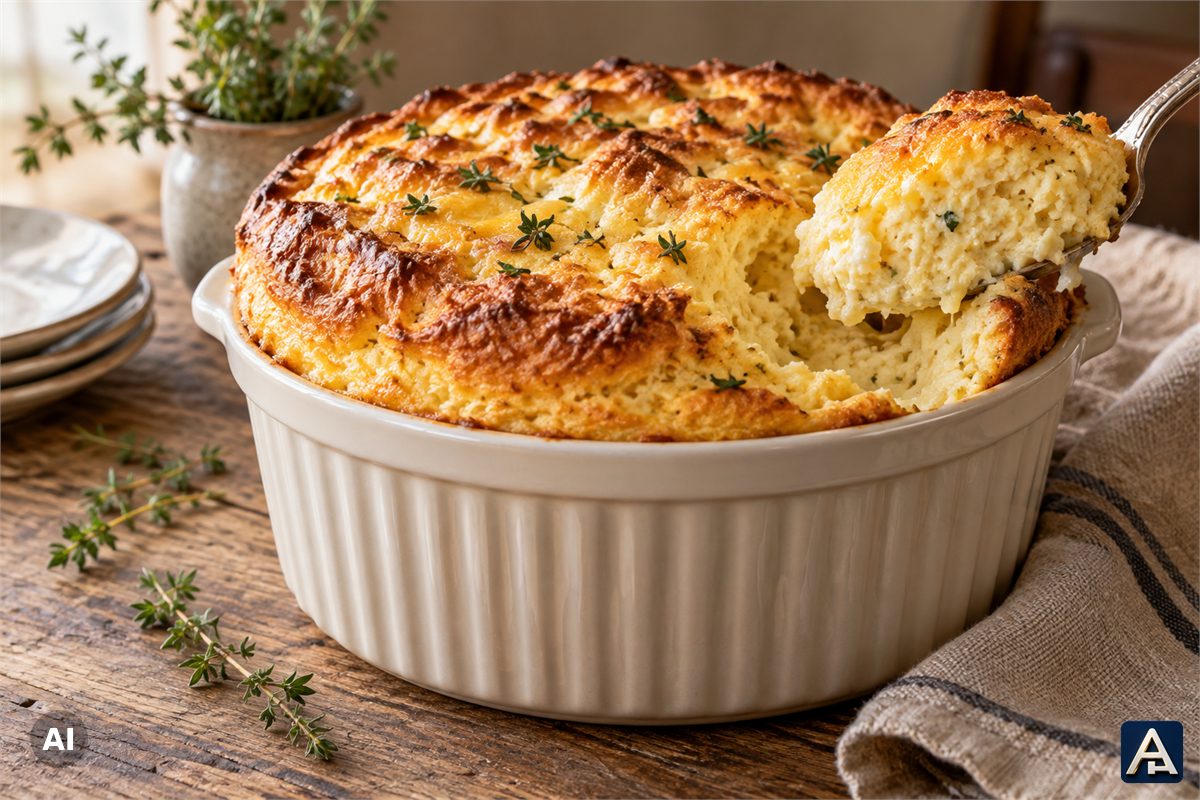 Crispy Hominy and Cheese Soufflé with Thyme