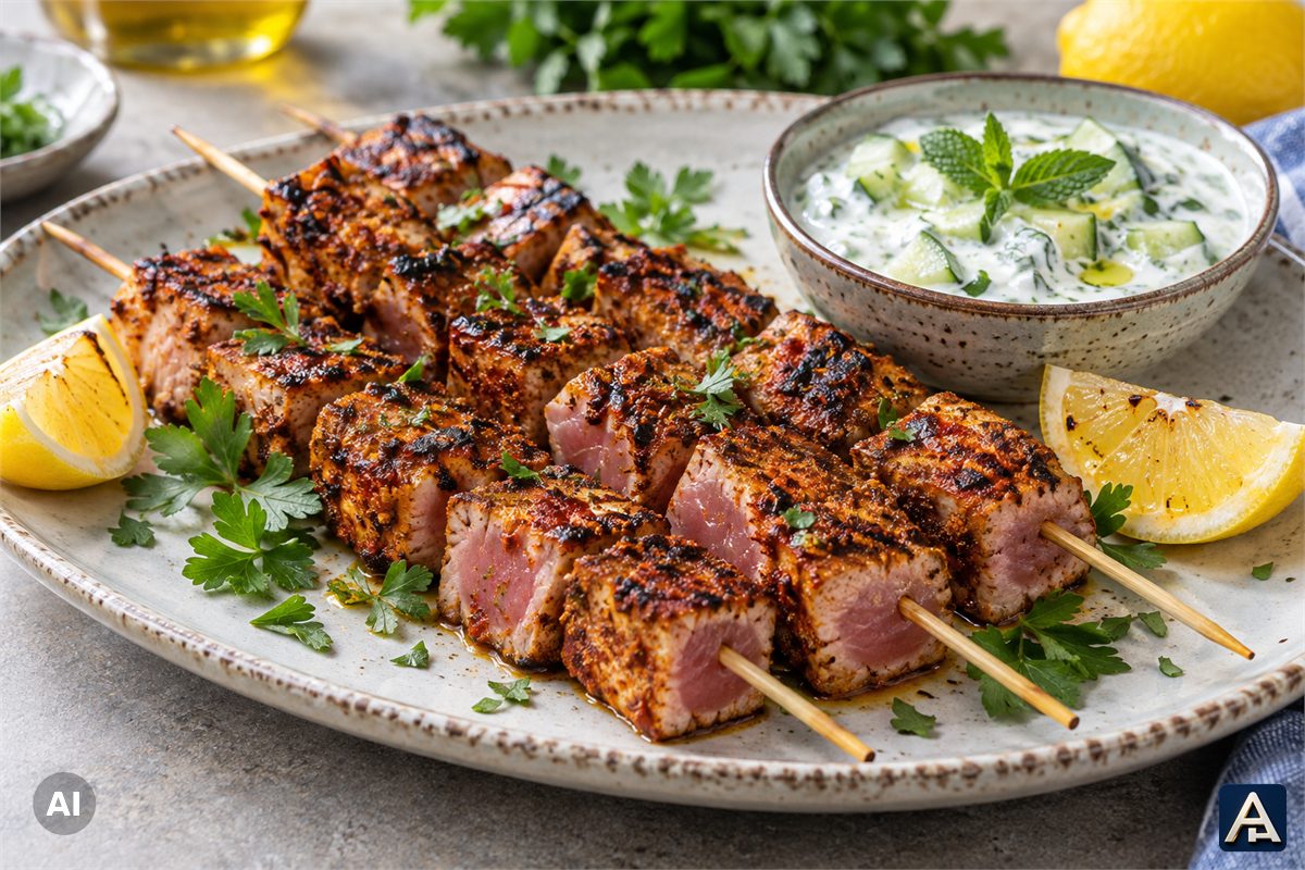 Moroccan Tuna Skewers with Cucumber-Lemon Raita