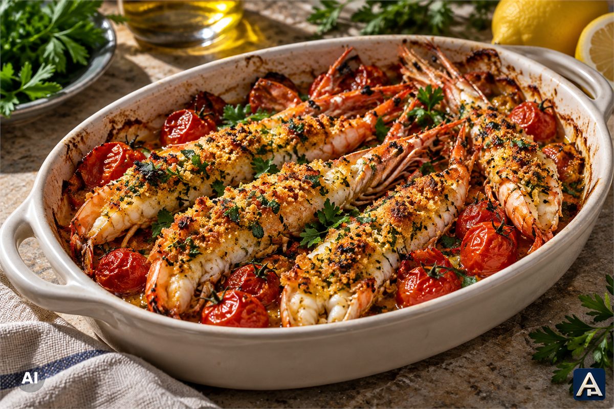 Scampi with Cherry Tomatoes and Croutons