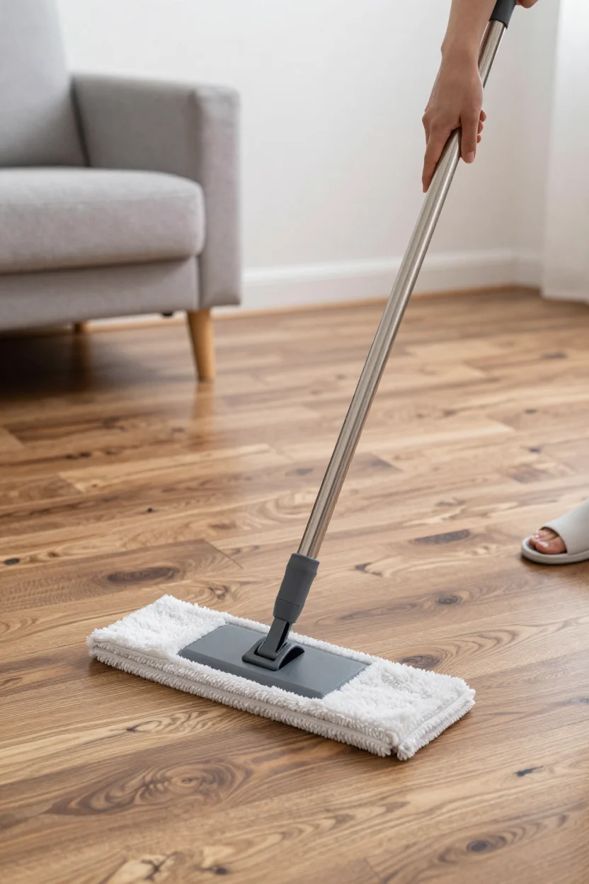 Hands pushing a flat microfiber mop with a stainless steel handle across a hardwood floor, with a microfiber pad attached to the mop head.