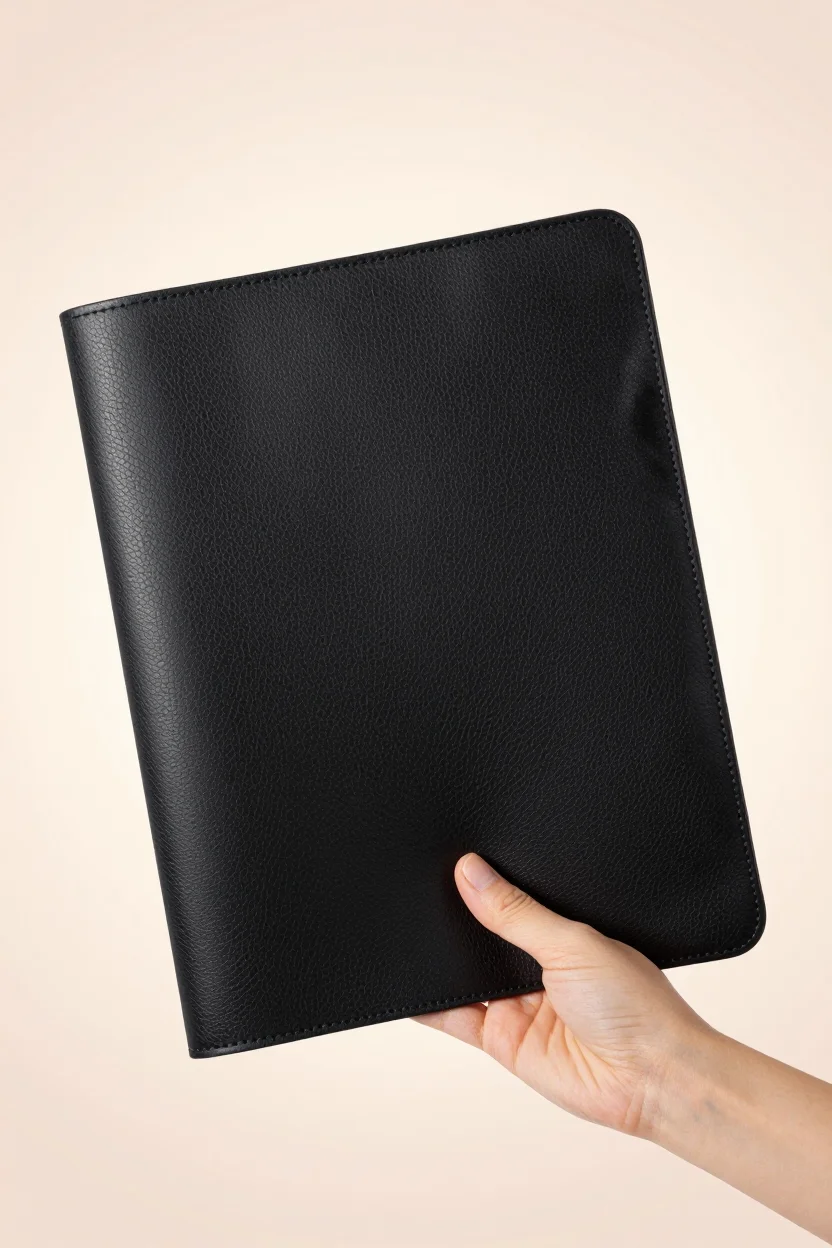Black leather desk mat with a soft textured surface, held in an open hand against a plain pastel background.