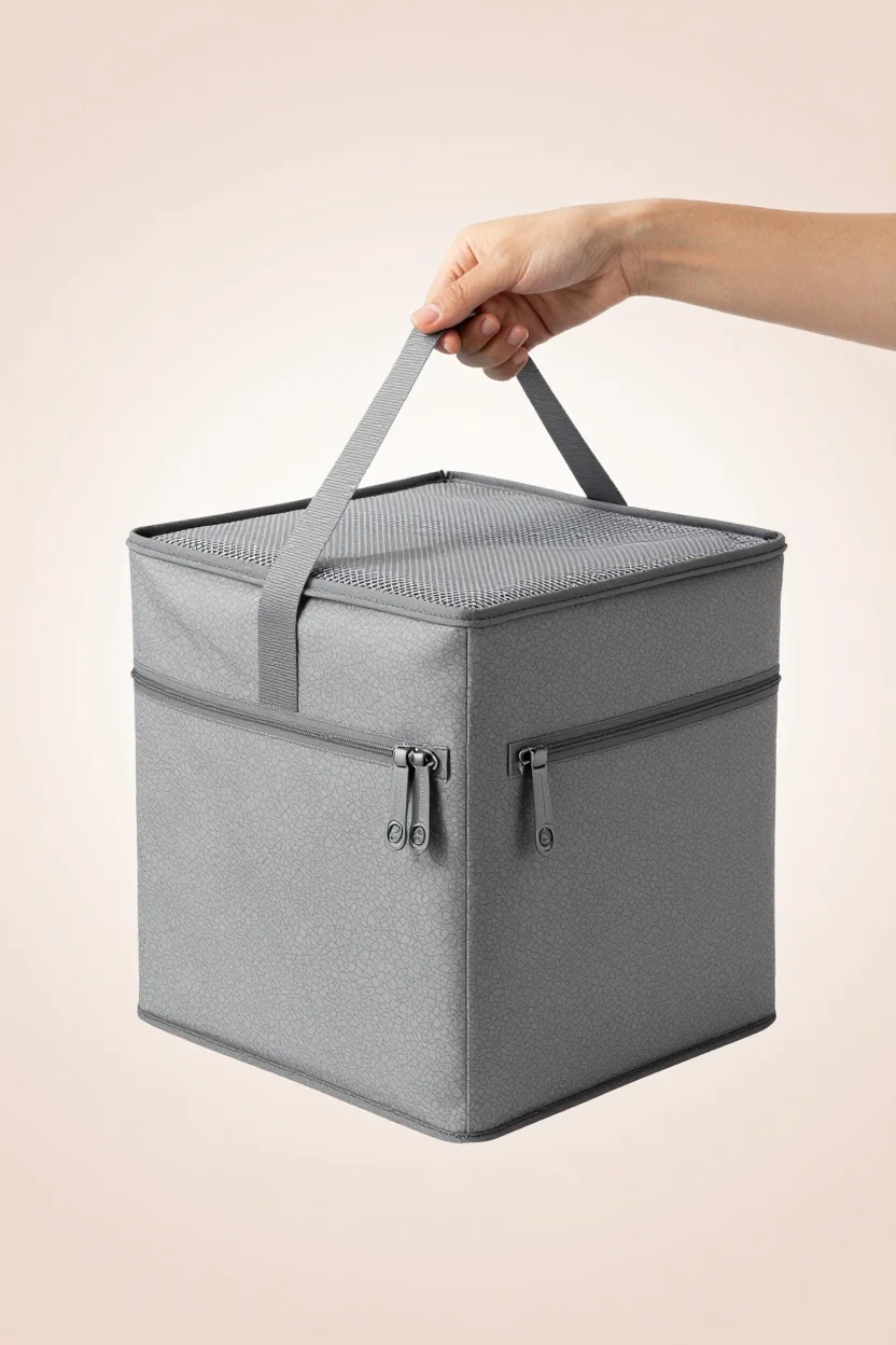 A medium gray packing cube with a mesh top panel, double zipper pull, and webbing handle held in an open hand against a plain pastel background