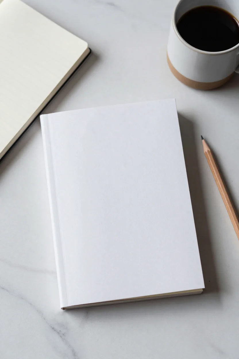 A paperback book lying flat on a marble countertop beside a closed notebook, a pencil, and a ceramic mug, with soft daylight falling across the scene.