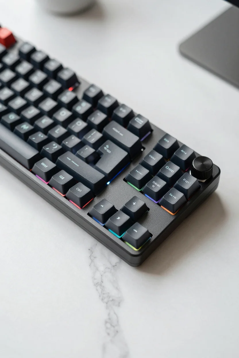 Flache Aufsicht auf eine kompakte 75-Prozent-Tastatur mit Drehknopf oben rechts, RGB-beleuchteten Tasten und seitlich bedruckten PBT-Keycaps auf einer Marmorplatte mit leicht unsc
