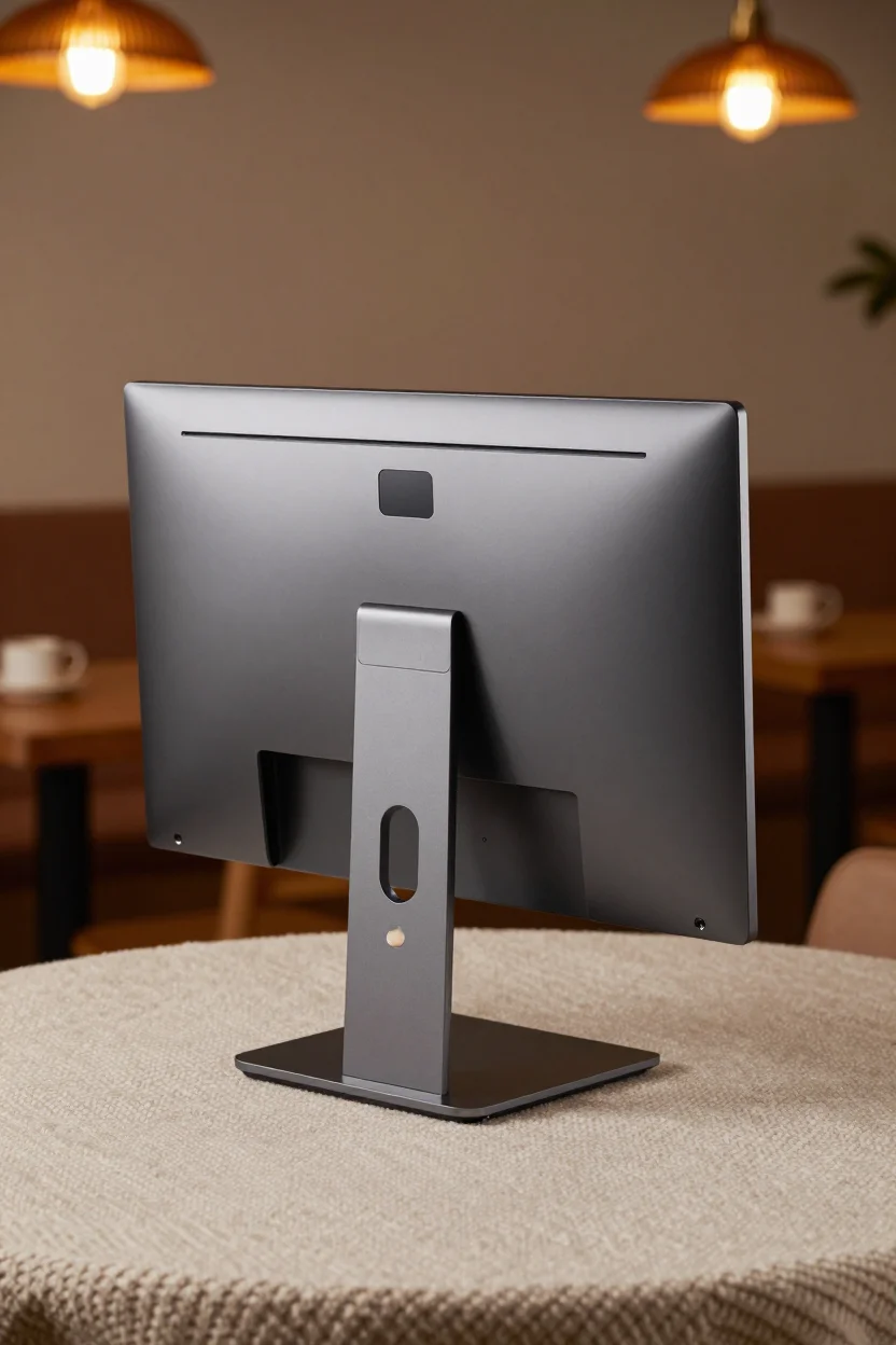 Slim 15.6 inch portable monitor standing on its cover stand, showing a laptop-style desktop, with a USB-C cable connected.