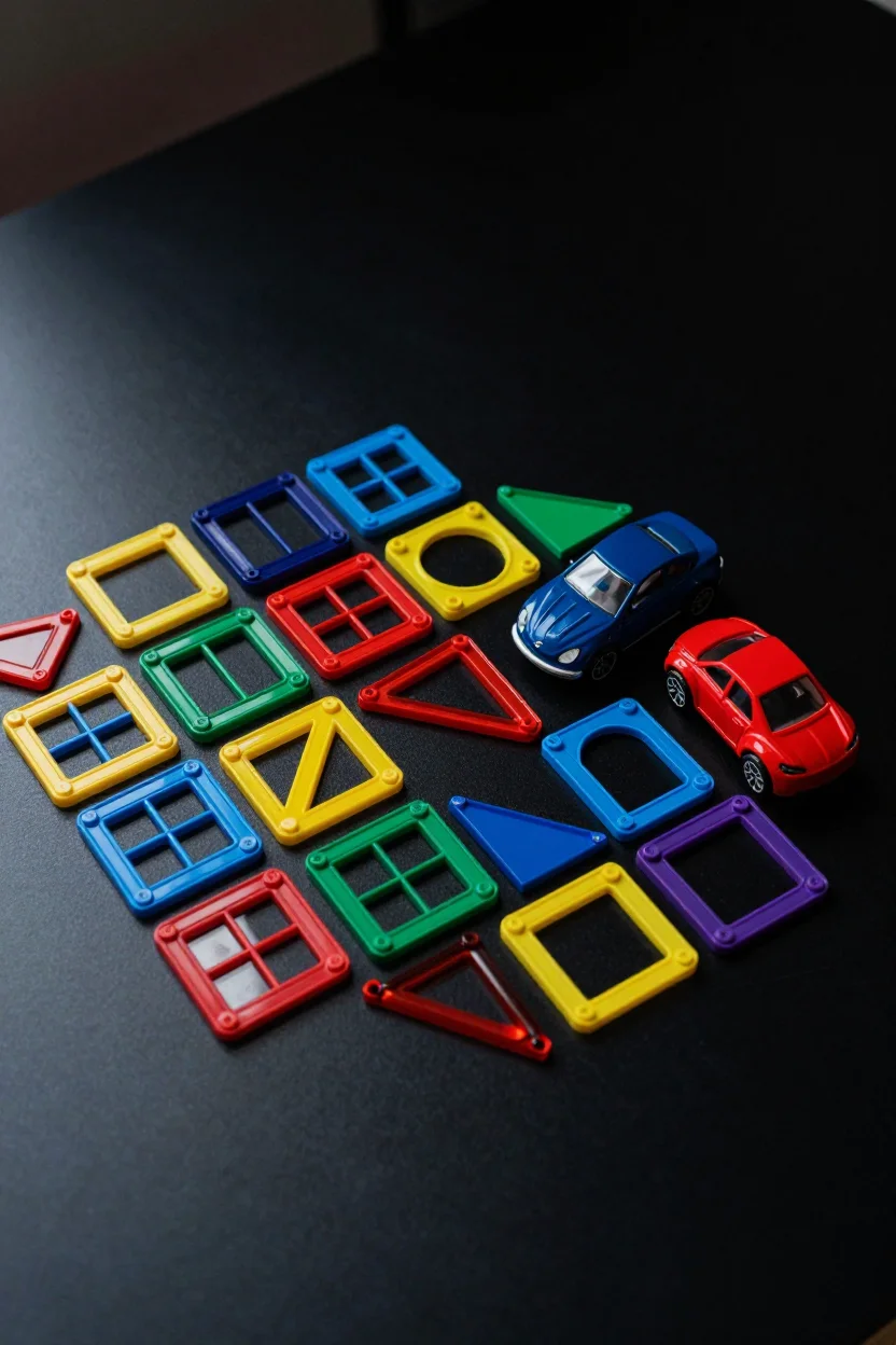 A colorful set of magnetic building tiles in squares, windows, triangles and rectangles, with two toy cars, standing on a sleek dark reflective surface