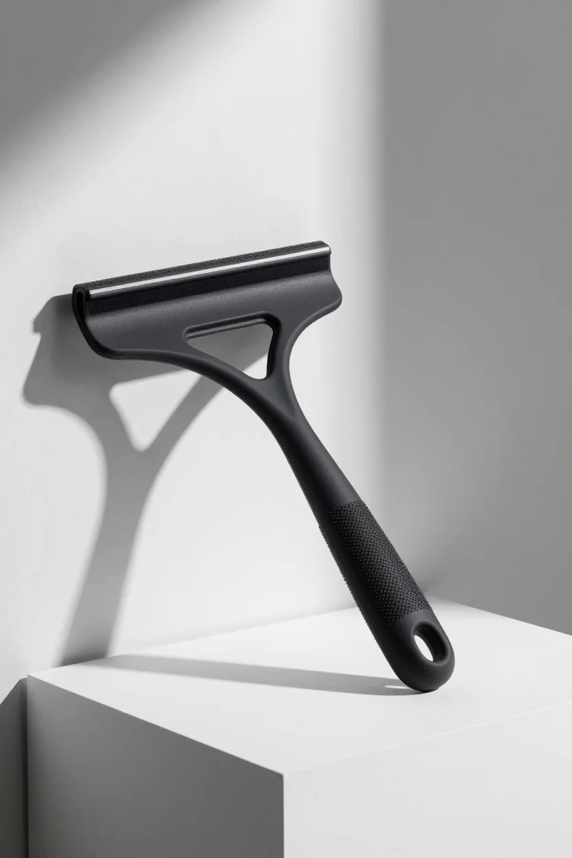 Black 10-inch silicone shower squeegee with a large built-in hook and angled handle, shown on a minimalist white pedestal with dramatic side lighting and soft shadow.