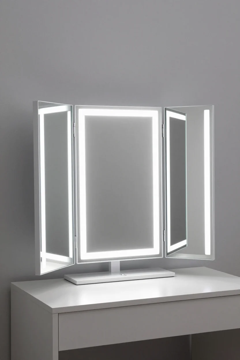 A tri-fold vanity mirror with an ABS frame and glass mirror panels, with LED lights around the mirror and a small recess in the base, shown from the front.