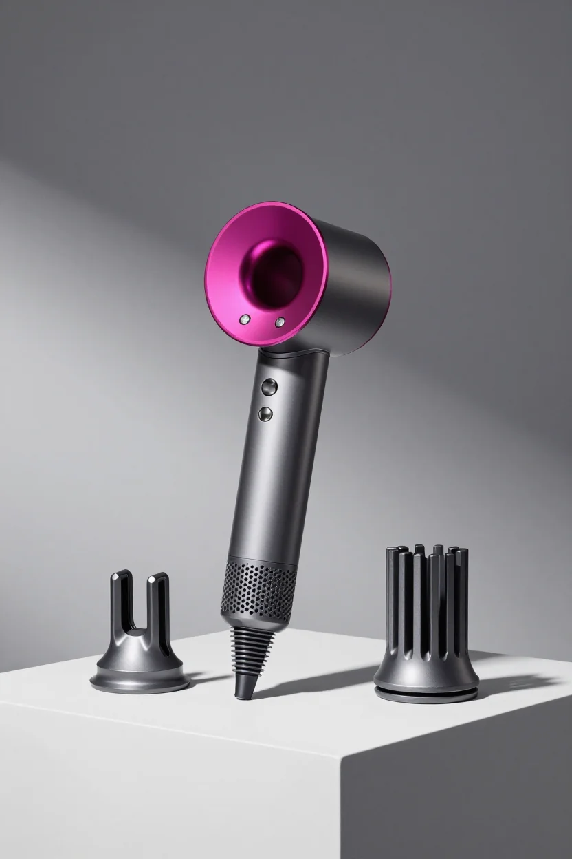 Premium Dyson Airwrap i.d. multi-styler with multiple attachments displayed on minimalist white pedestal with dramatic side lighting