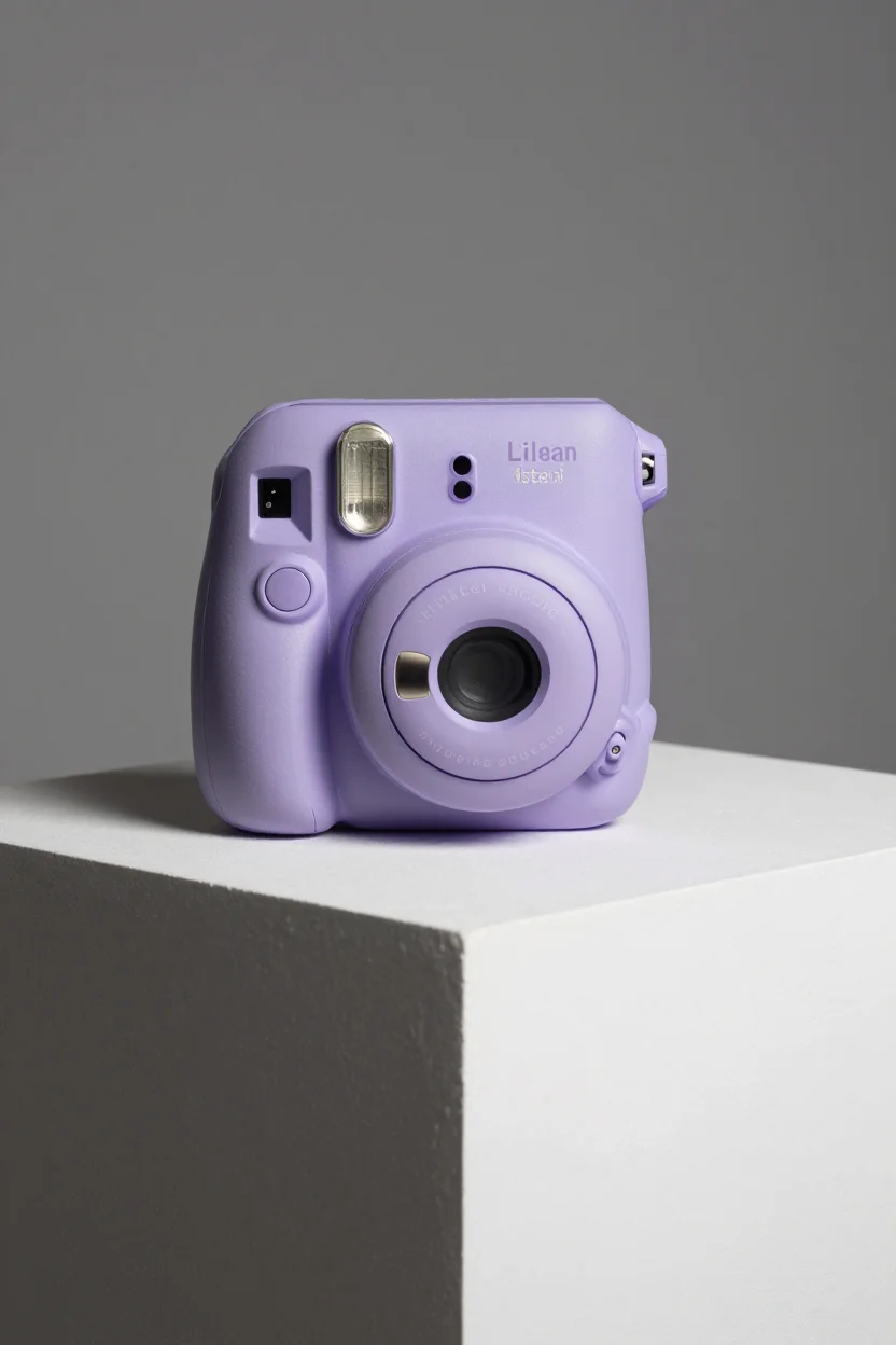 Lilac purple compact instant camera displayed on a minimalist white pedestal with dramatic side lighting and soft shadow