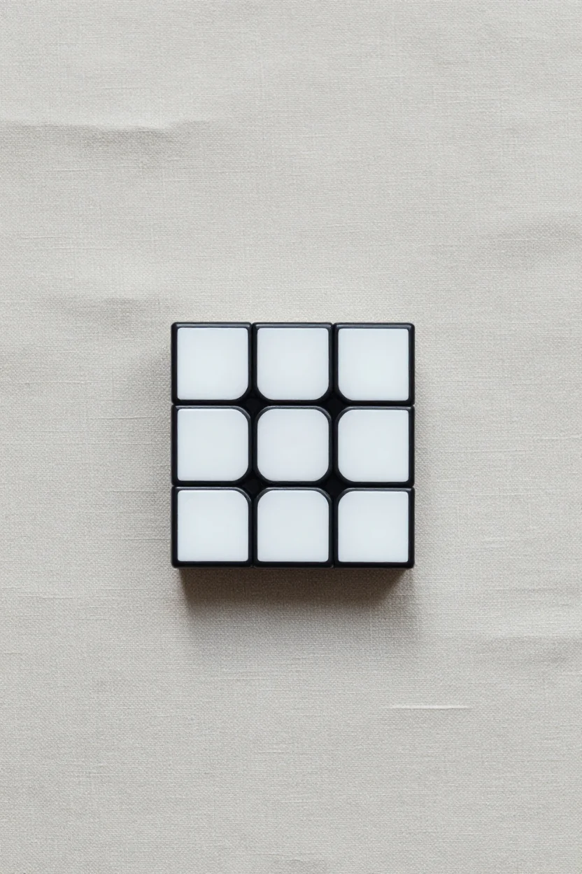 Ein stickerloser 3x3 Speed Cube mit glatten, einfarbigen Flächen, von oben auf einer neutralen Leinenunterlage fotografiert