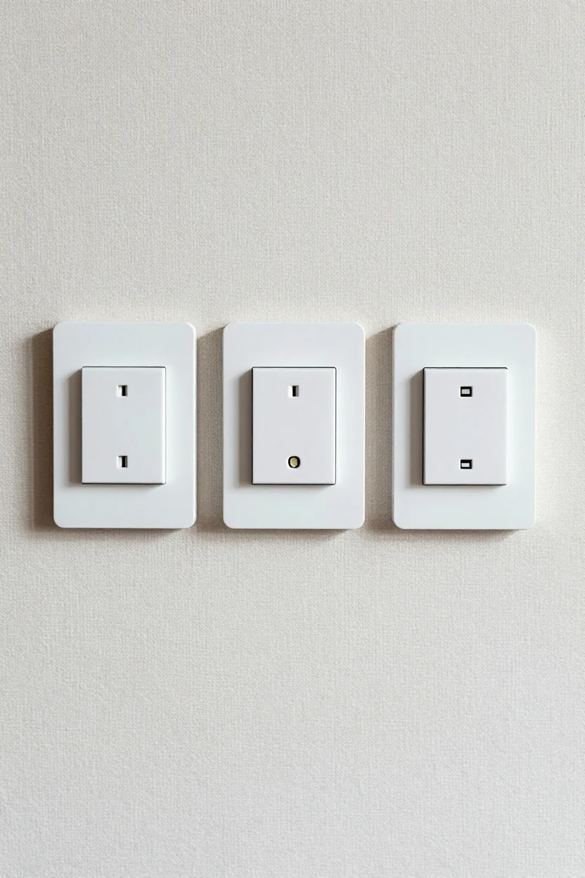 Three rectangular smart dimmer light switches with smooth touch panel faces, laid out flat on a neutral linen surface.
