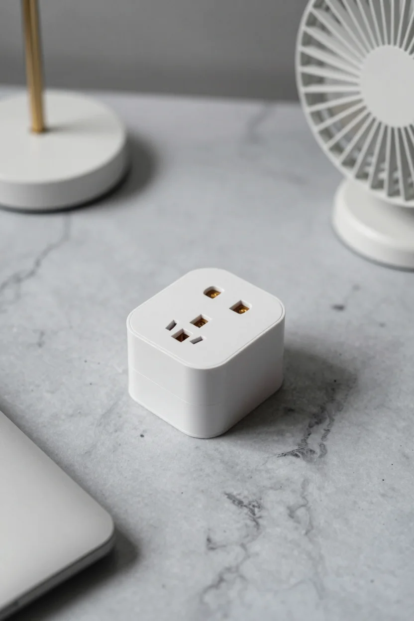 Flat lay of a compact WiFi smart plug on a marble countertop, with a blurred desk lamp and folded fan in the background.