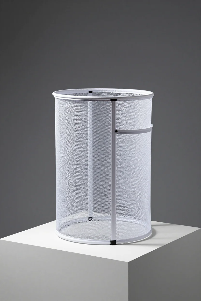 Upright collapsible mesh pop-up laundry hamper with a side pocket, open top and breathable mesh walls, on a white pedestal.
