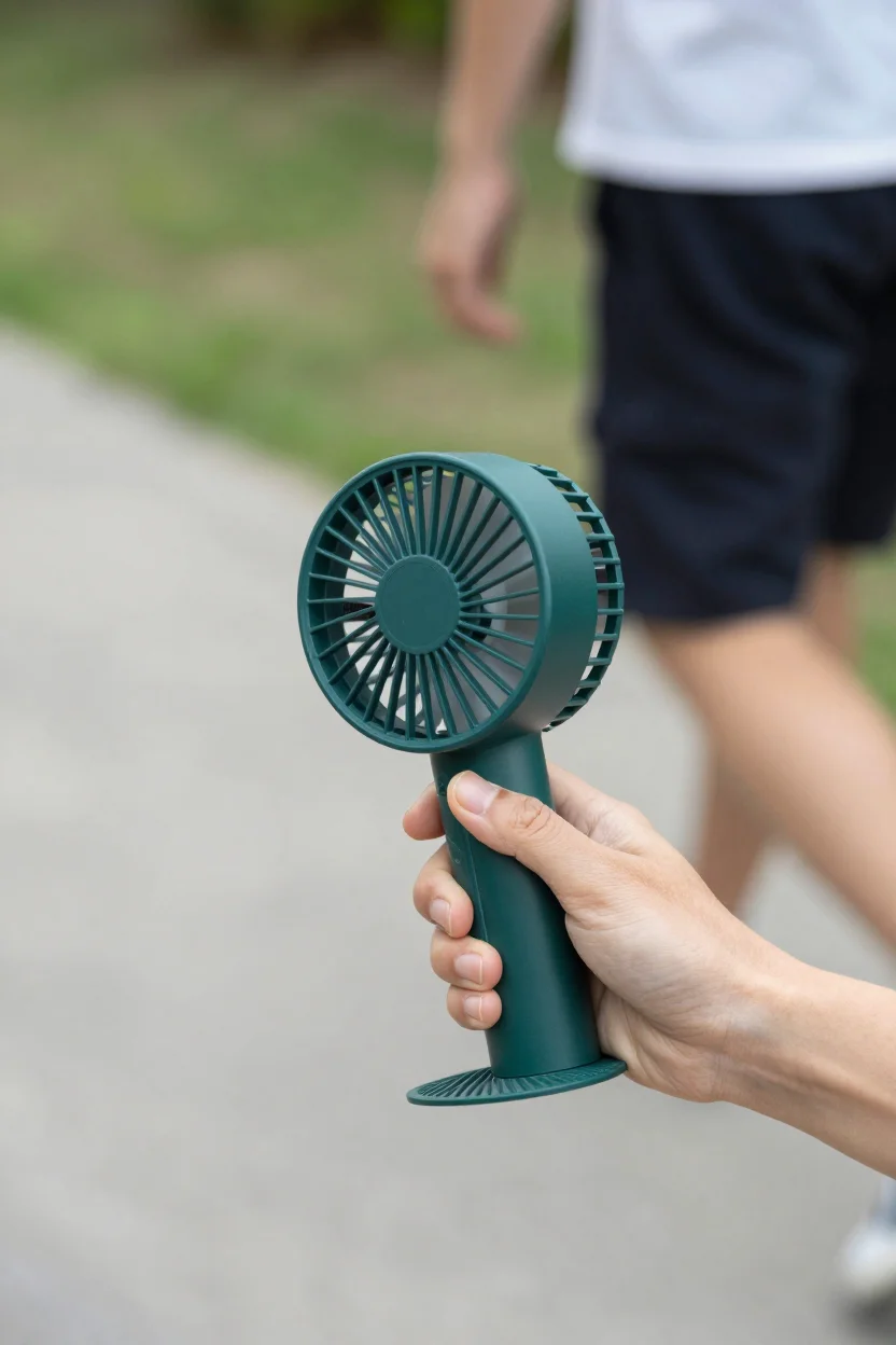 Kompakter Handventilator mit Trageband, der an einem sonnigen Sommertag im Freien in der Hand gehalten wird.