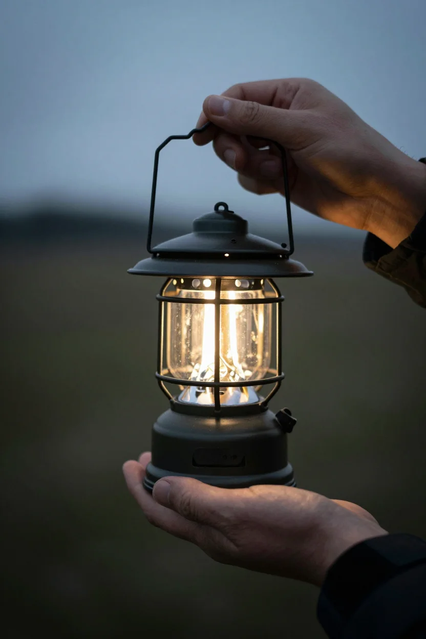 Small black Ledlenser ML4 camping lantern with warm glowing light