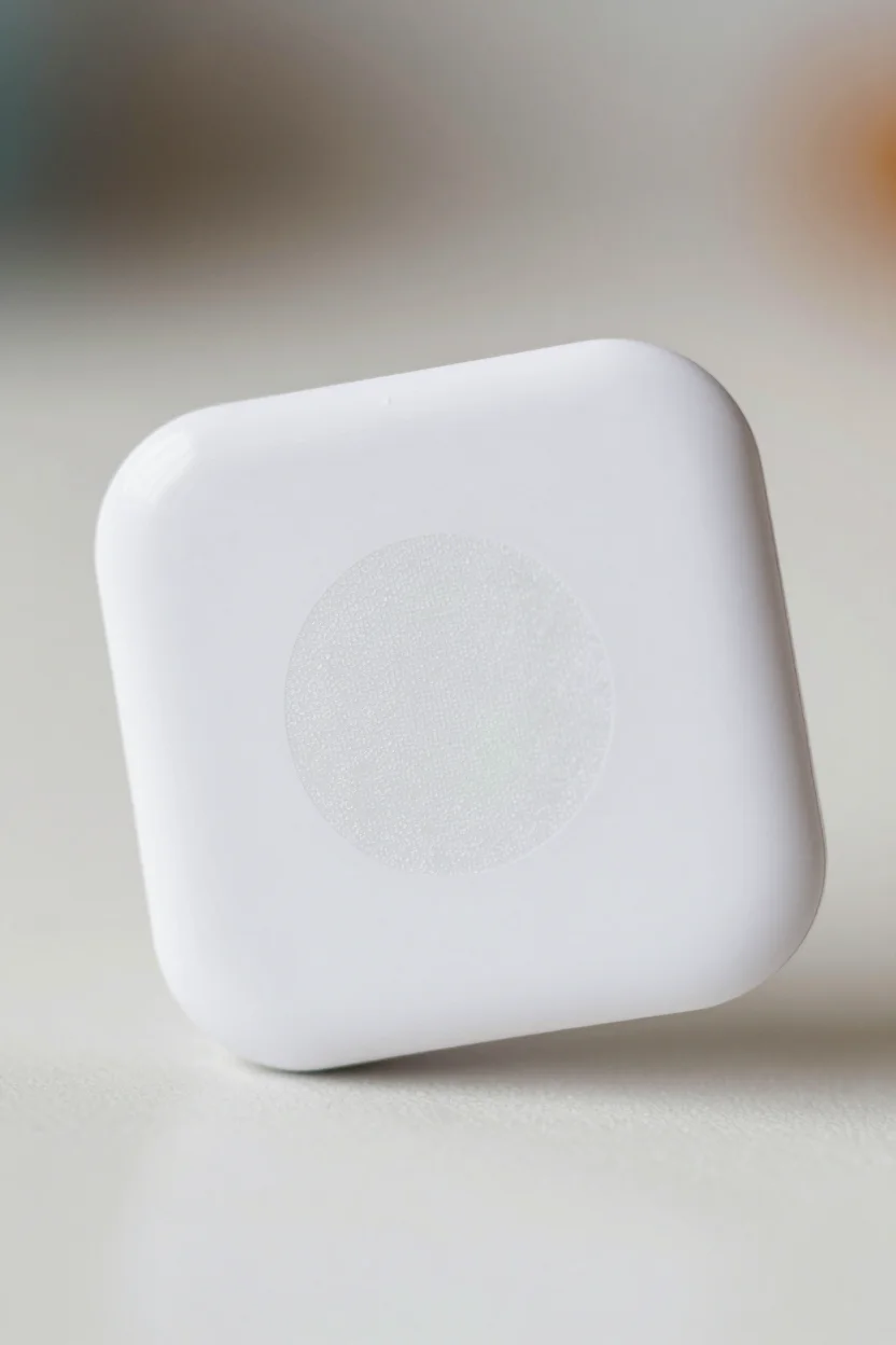 Close up of small square white Bluetooth tracker sticker with rounded corners on textured surface, soft blurred background emphasizing product detail.