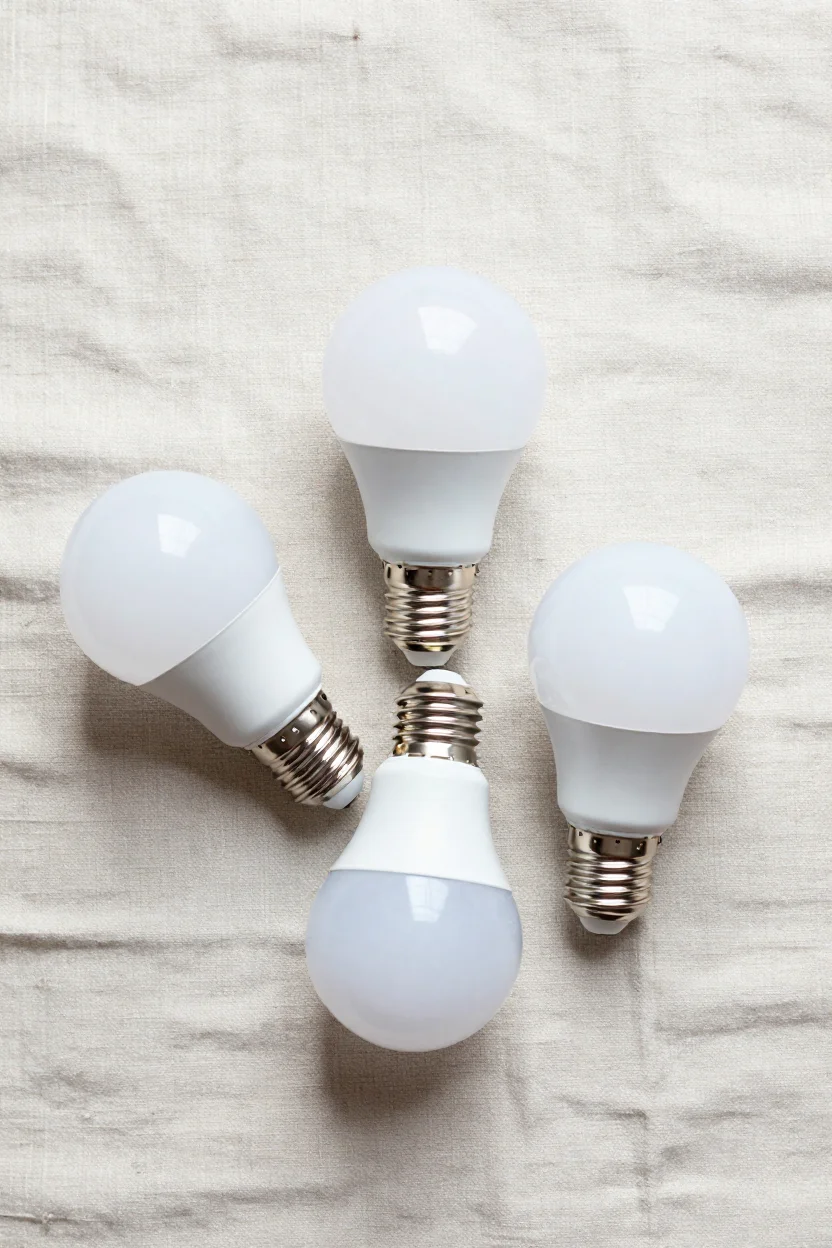 Overhead view of several frosted white LED smart light bulbs with screw bases arranged on a neutral linen background.