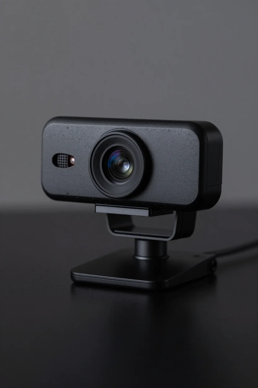Compact black Logitech Brio 101 Full HD webcam standing on a sleek dark reflective surface, with its round lens and built-in microphone visible.
