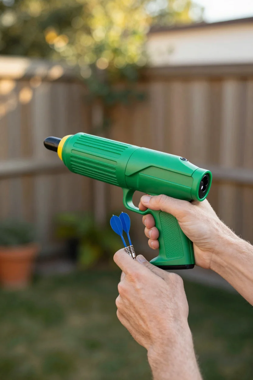 Hands holding a green dart blaster with a rotating six-dart drum, outdoors in daylight with foam darts ready to fire.