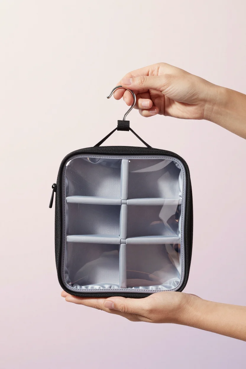 A compact hanging travel toiletry bag with a clear window and hanger hook, held in an open hand against a soft pastel background.