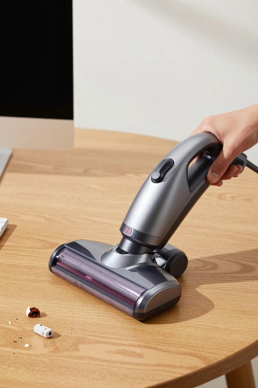 Eine Hand hält einen kompakten batteriebetriebenen Mini-Tischstaubsauger mit drehbarer Düse über einem Schreibtisch mit Krümeln und Radiergummiresten bei Tageslicht.