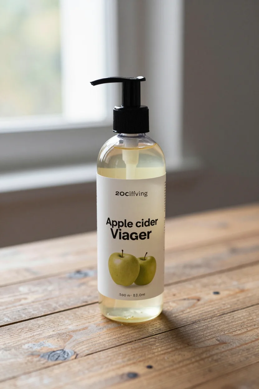 A 300 ml bottle of clarifying shampoo resting on a rustic wooden desk in soft morning window light, with a blurred background.