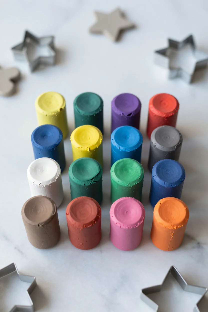 Overhead view of 24 cylindrical cans of colorful modeling clay in red, yellow, blue, green, and purple, with a few sculpted clay shapes beside them on a marble countertop.