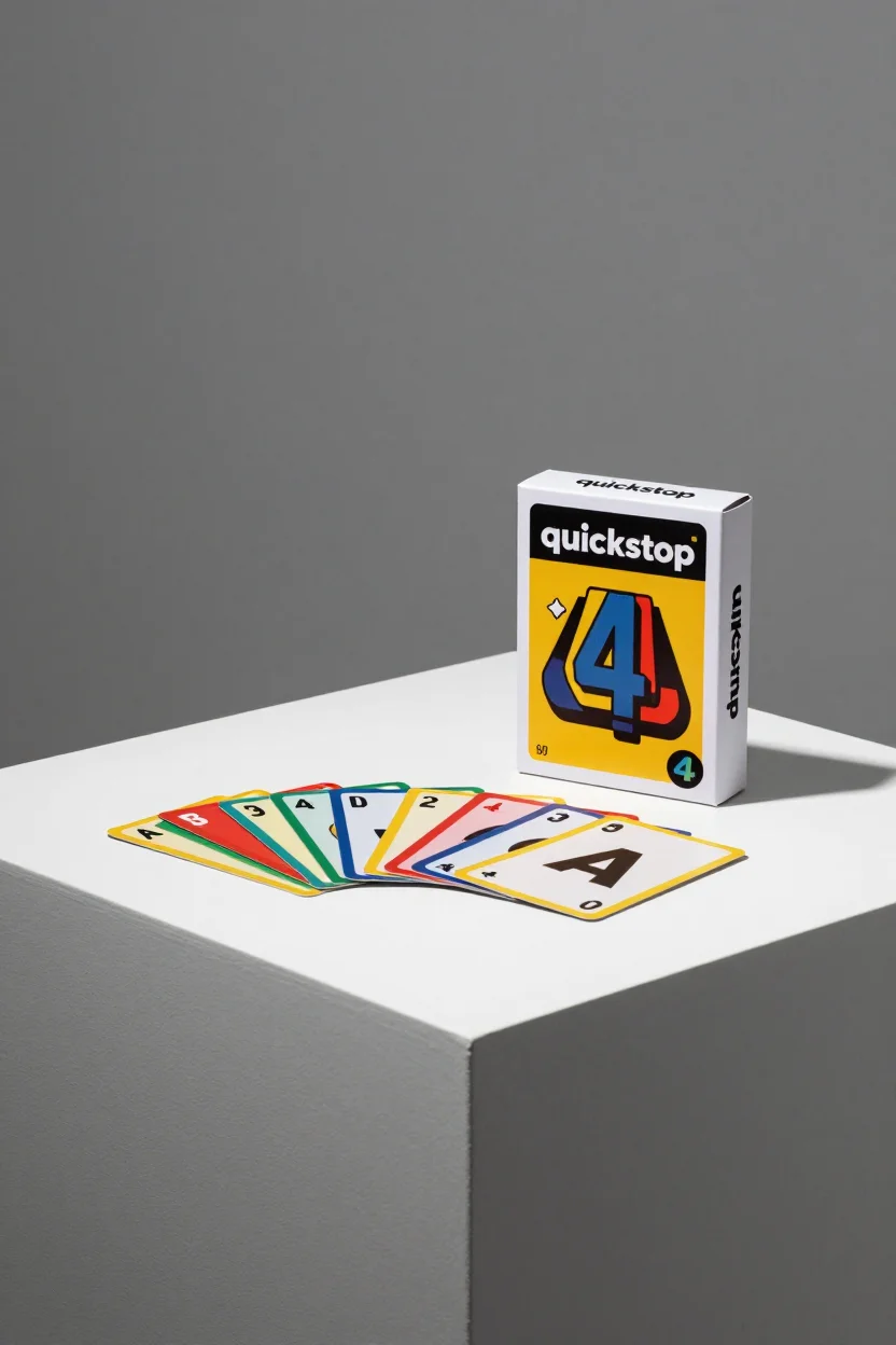 Quickstop Kartenspiel Verpackung und Spielkarten auf minimalistische weisser Oberflaeche mit dramatischer Seitenbeleuchtung
