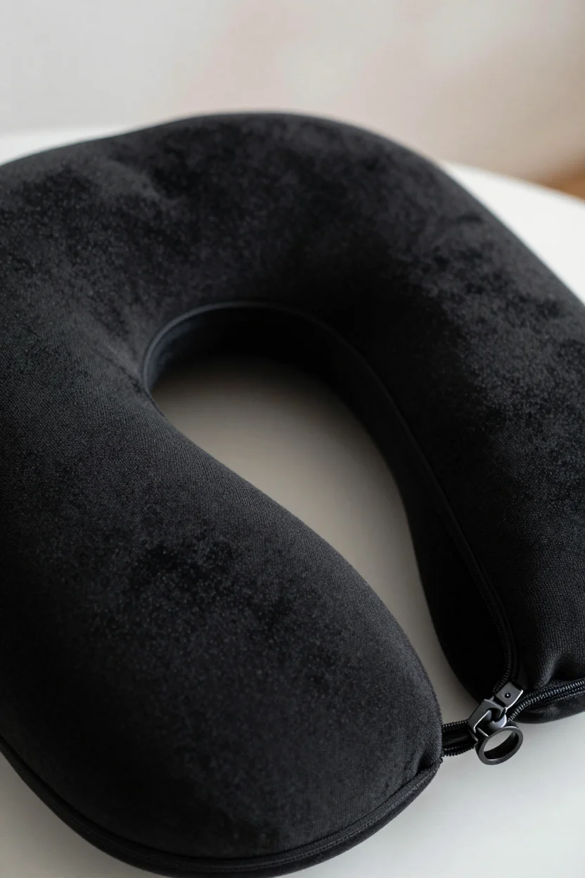 Black memory foam travel neck pillow with a soft removable cover and invisible zipper, shown up close on a neutral surface