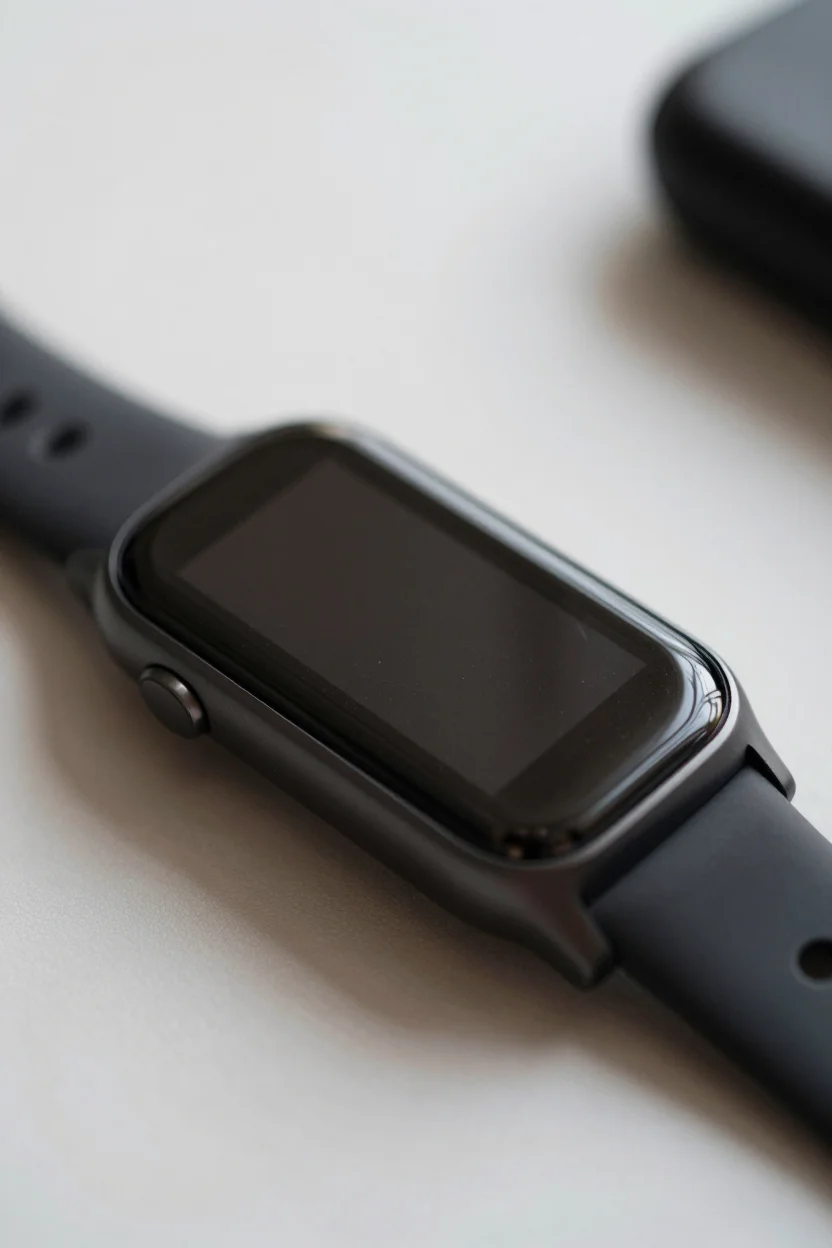 Schwarzer Fitness-Tracker mit rechteckigem AMOLED-Display und schwarzem Silikonarmband, Nahaufnahme auf Oberflächentextur und Material vor weichem Bokeh-Hintergrund
