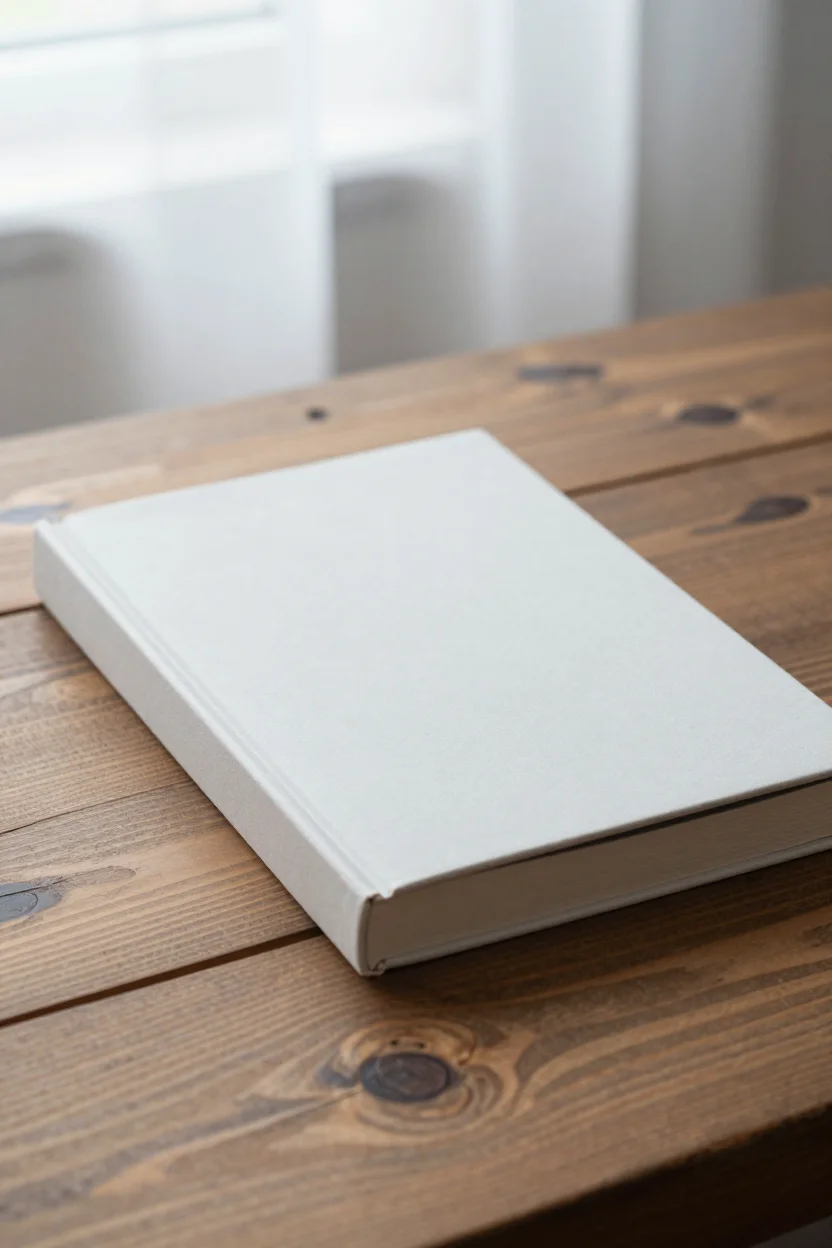 A tenth anniversary edition of the book Sapiens with a plain cover, resting on a rustic wooden desk in soft morning light.
