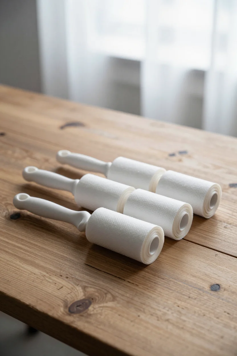 Set of six lint rollers with two handles and sticky sheet rolls resting on a wooden desk.