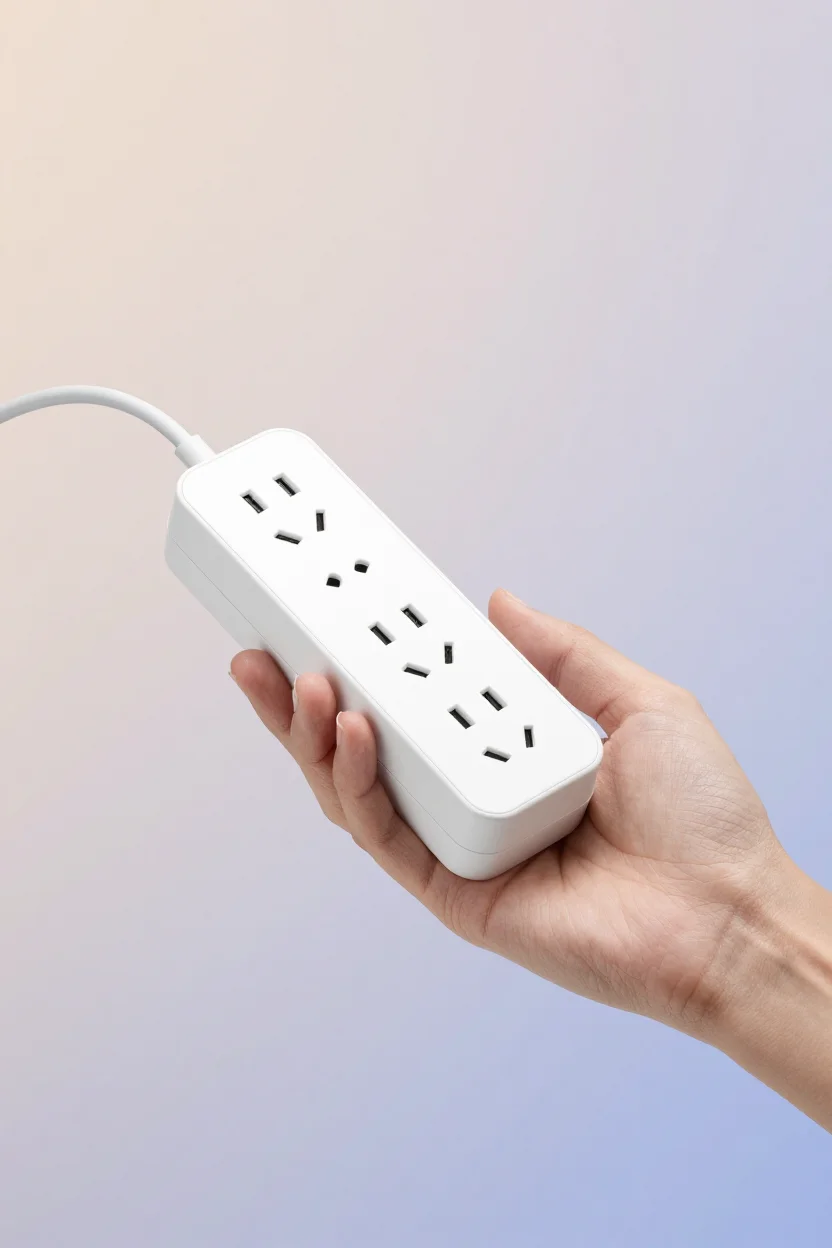 Eine weiße Steckdosenleiste liegt in einer offenen Hand vor einem schlichten, weichen Pastellverlauf, mit sechs Steckdosen und drei USB-Anschlüssen.