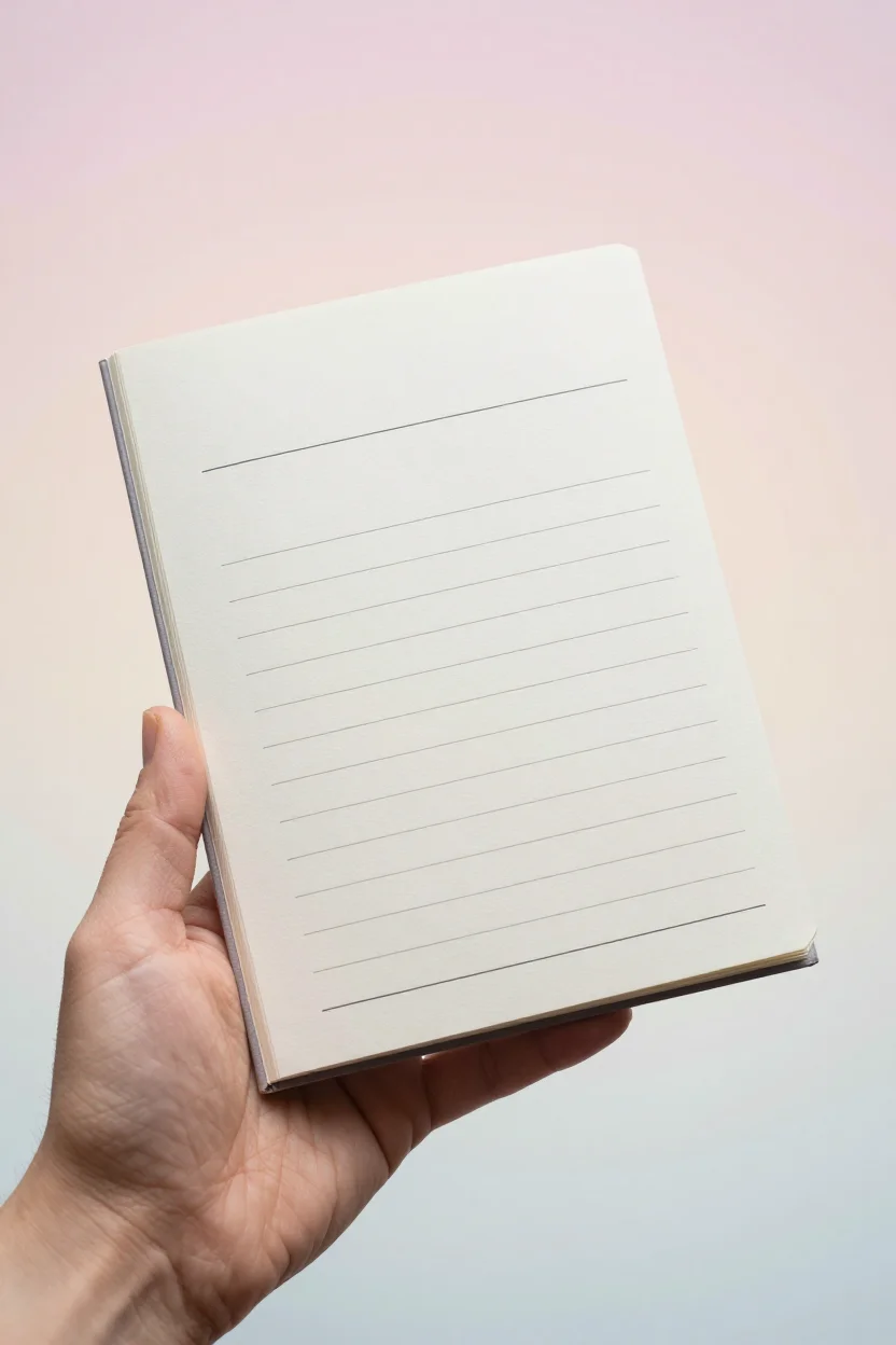 A paperback memory book with a plain soft cover, held open in a hand to show a question page with blank lines for handwritten answers.