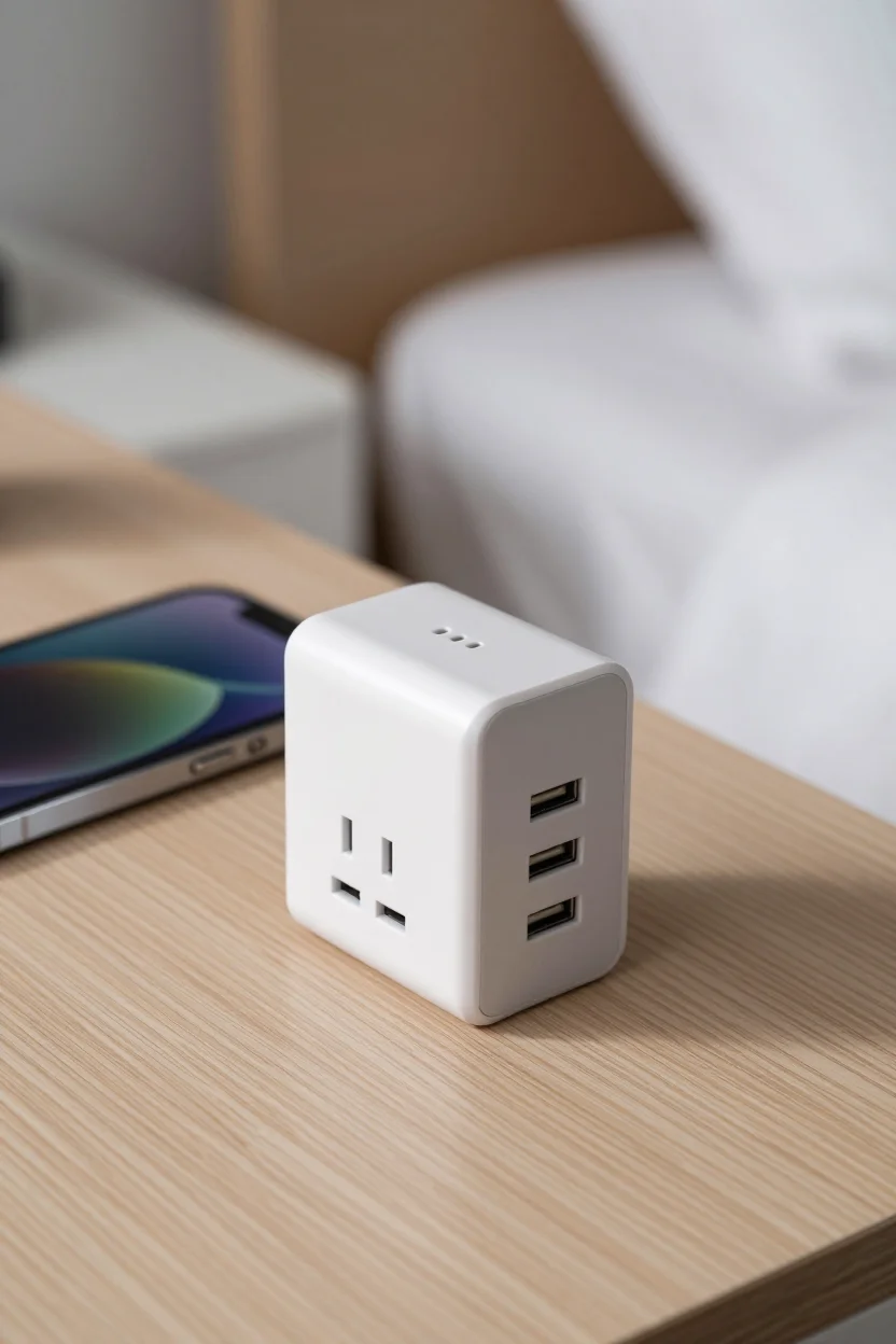 A compact travel power adapter with a front wall outlet and several USB ports, resting on a hotel desk beside a smartphone and a passport.