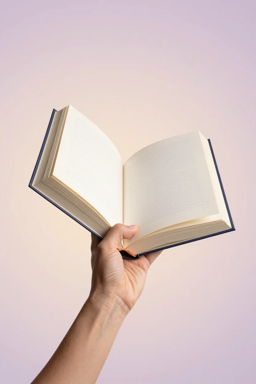 A novel book held in an open hand against a soft pastel gradient background, studio product photography.