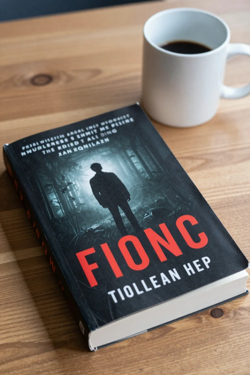 Taschenbuch mit dunklem Cover liegt auf einem Holztisch neben einer Kaffeetasse, Tageslicht faellt durch ein Fenster.