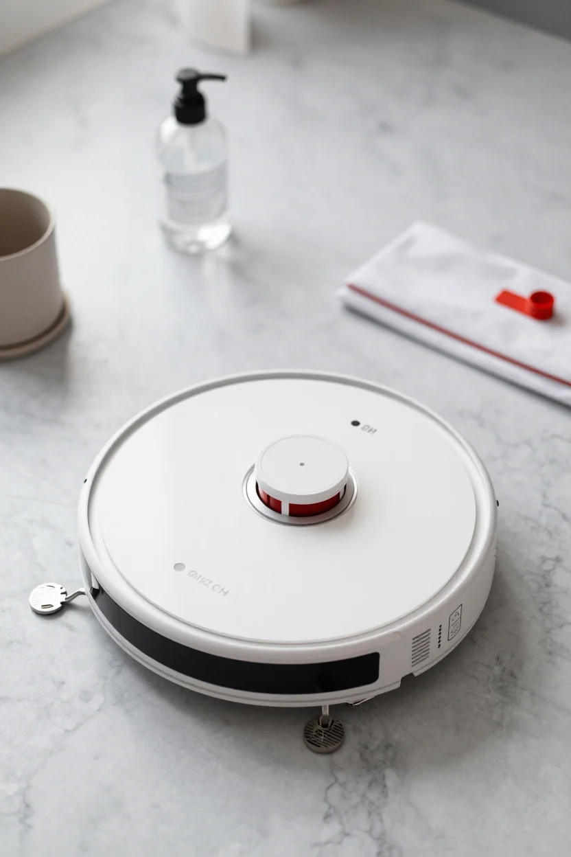 A low, ultra-slim robot vacuum and mop combo on a marble countertop, surrounded by softly blurred cleaning props in daylight.