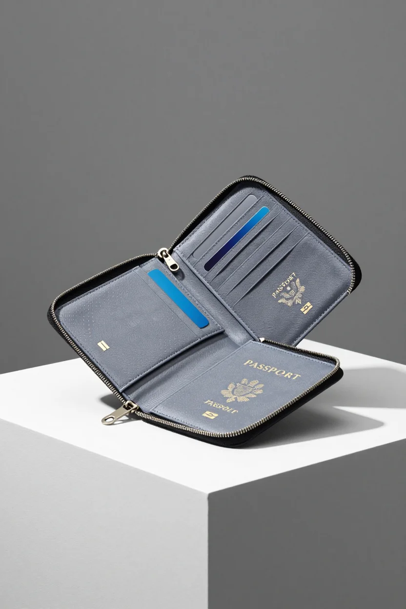 Open polyester passport wallet showing multiple passport pockets, card slots, and a zipped cash pocket.