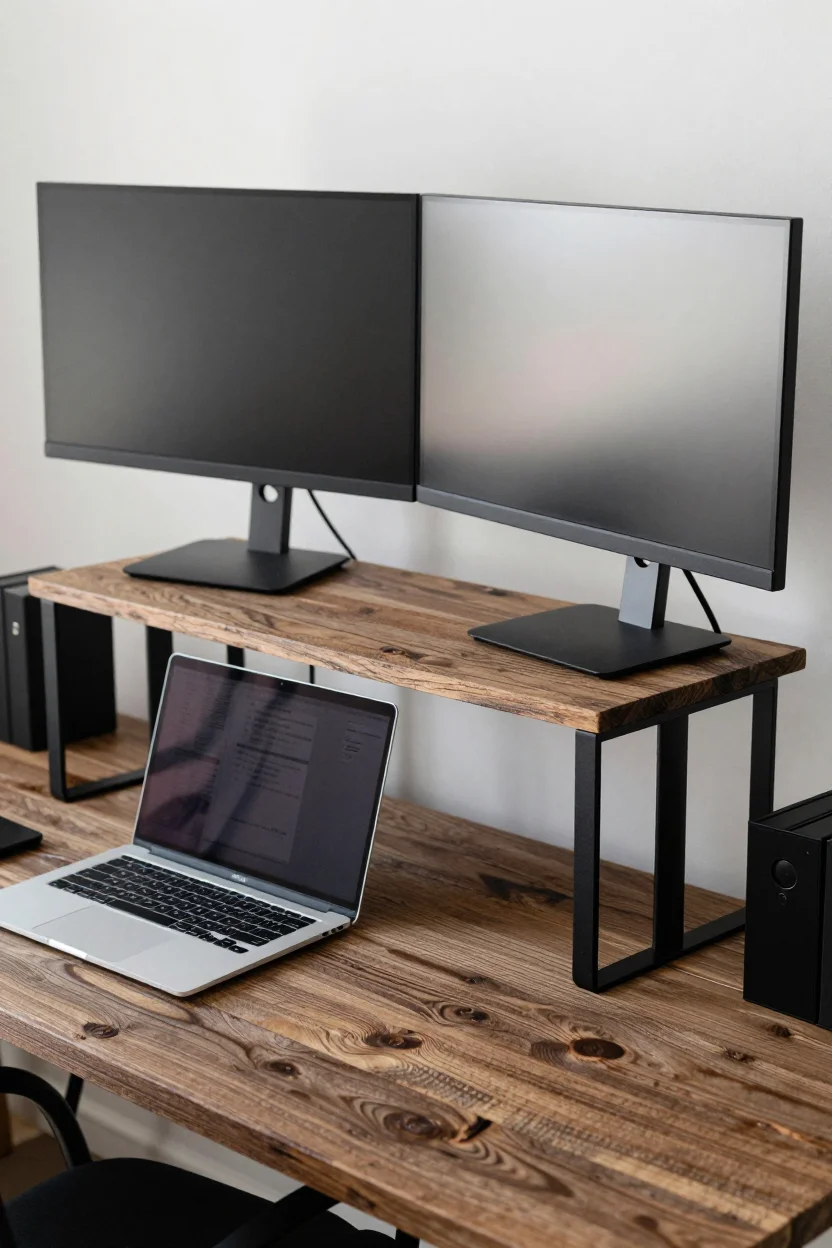 Rustic brown wood and black steel dual monitor stand riser holding two monitors on a home office desk, with a laptop and office supplies stored in the open space underneath, besid