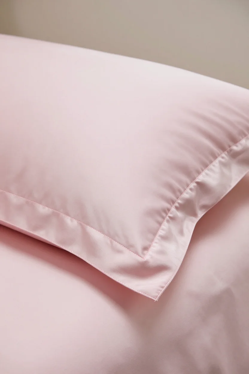 Close-up of a smooth pure mulberry silk pillowcase in a soft solid color, showing its fine woven texture and neatly stitched edge on a bed.
