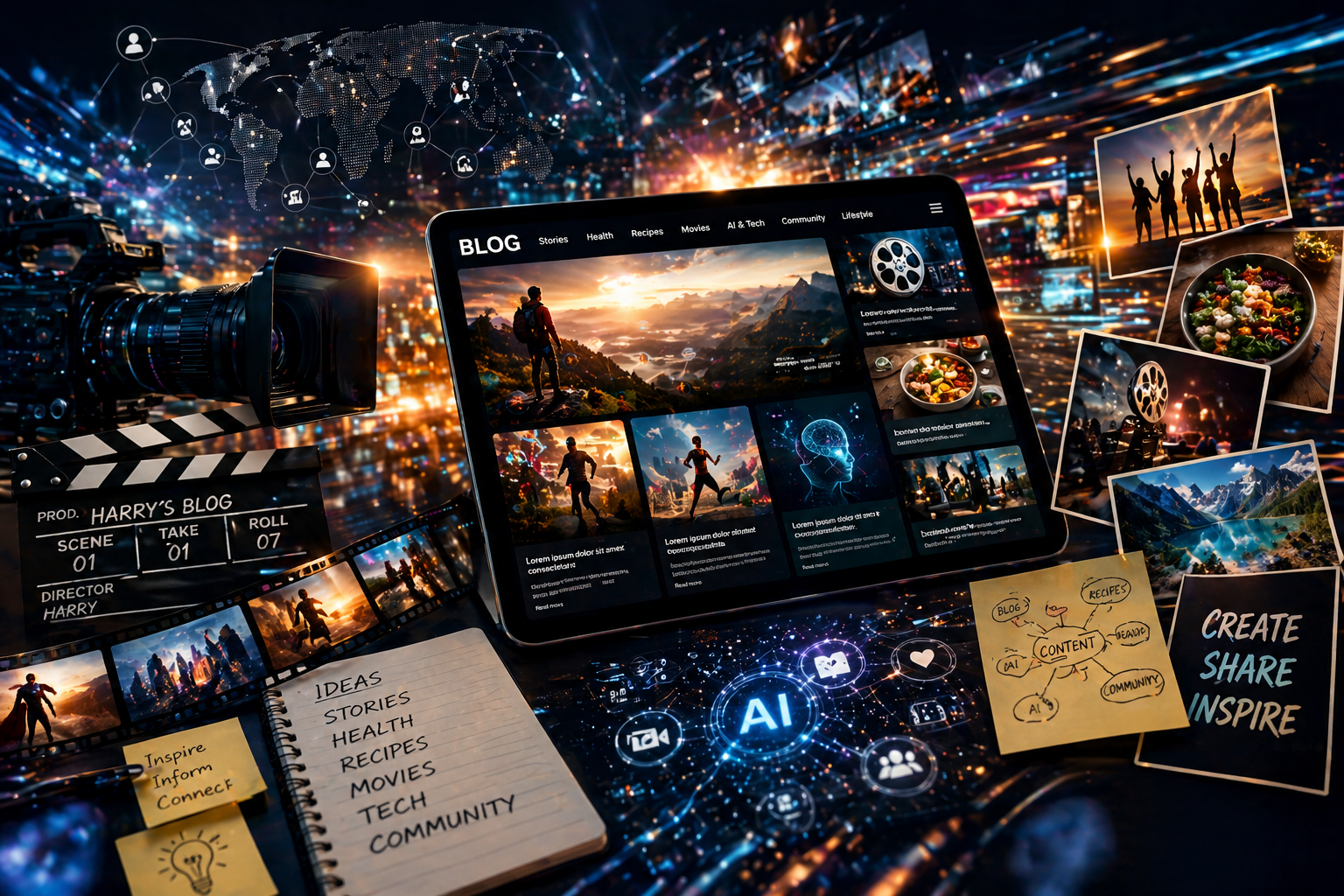 Dynamic media blog scene with stories, movies, health, recipes, AI and digital creativity