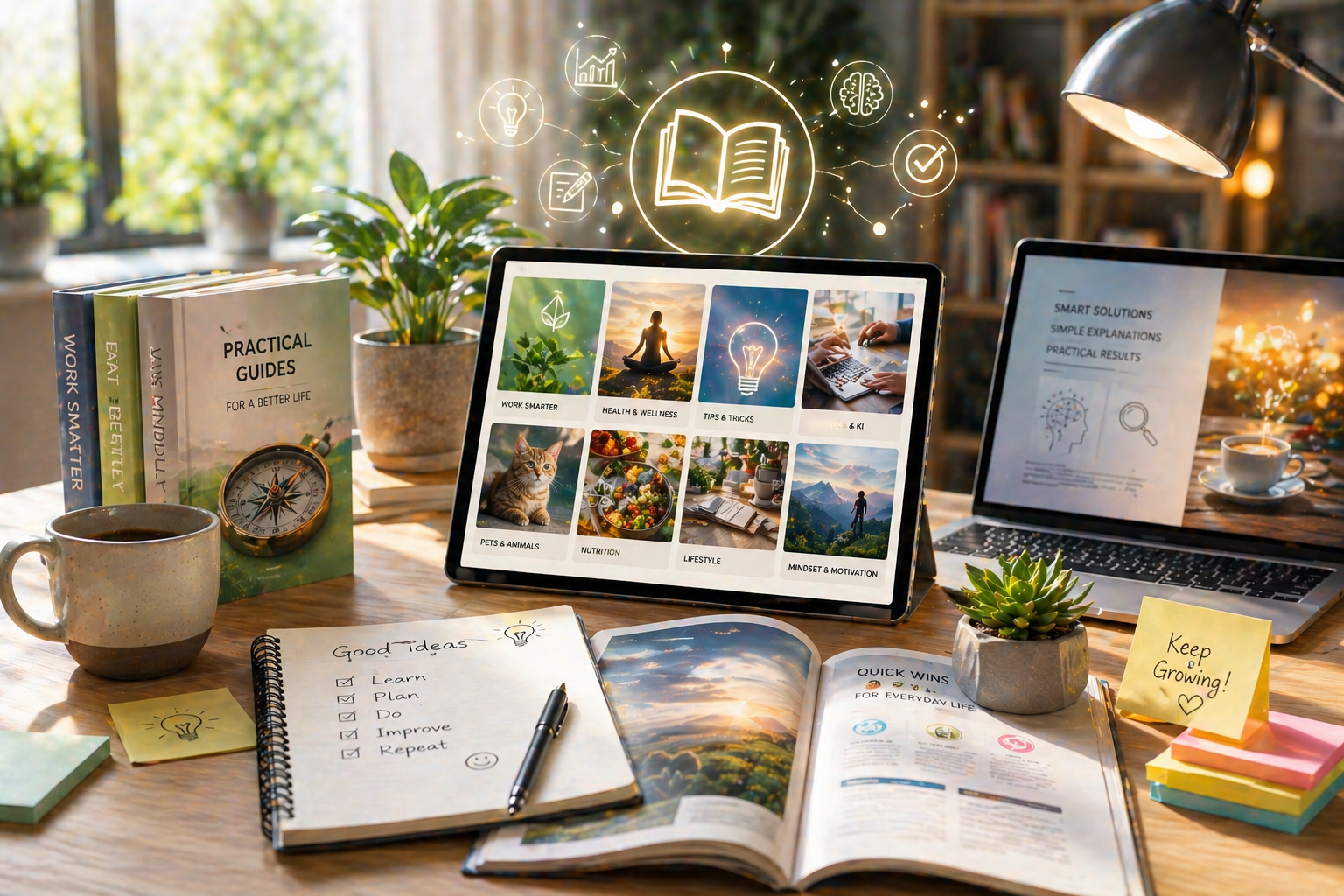 Bright workspace with books, digital tools and practical guide topics for learning and everyday help