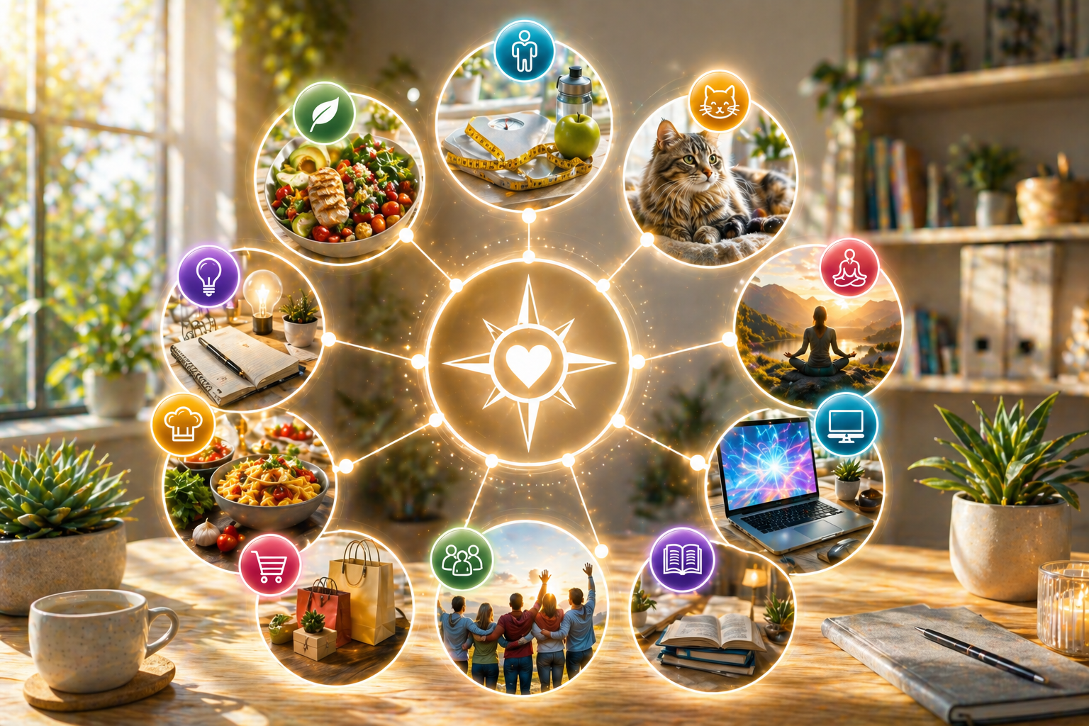 Central information hub with connected topics for health, cats, recipes, guides and everyday life tips