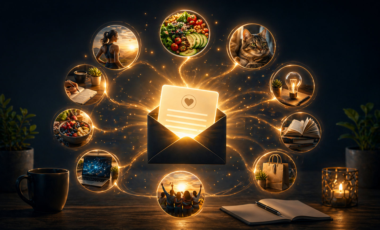 Glowing newsletter envelope with connected lifestyle topics and fresh inspiration