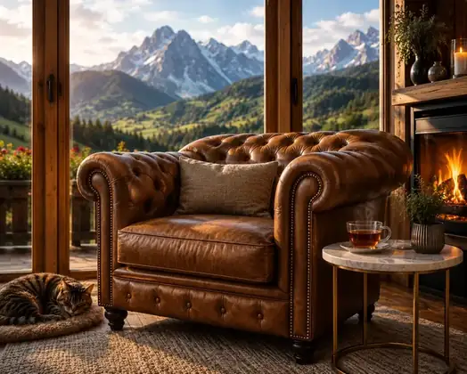 A wide, sturdy armchair by a window, with a sleeping cat, a steaming cup of tea and the Bavarian Alps at dusk