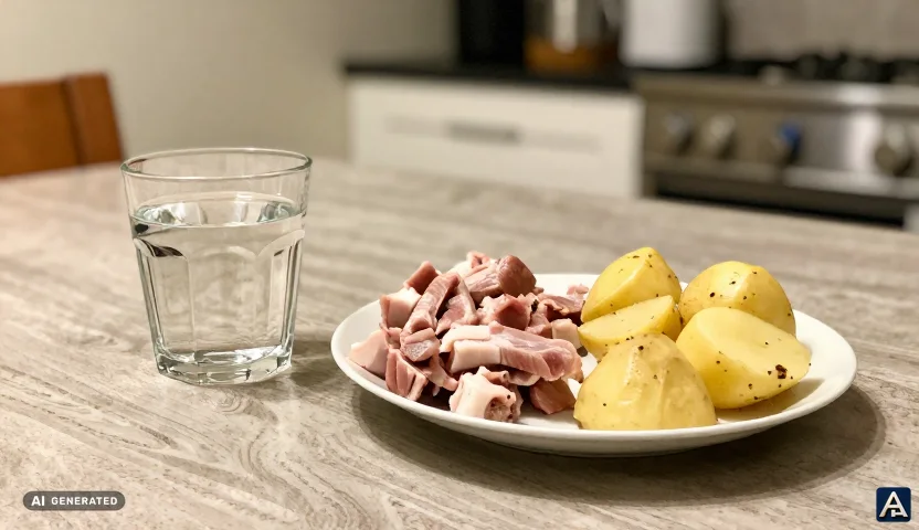 A glass of water on the kitchen table next to a dinner plate, ready to eat