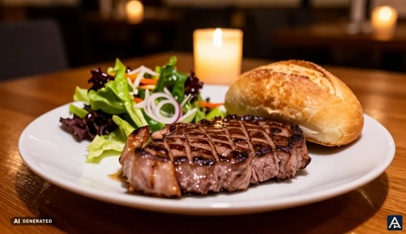 A well-portioned dinner plate with pork and side salad at a cozy restaurant